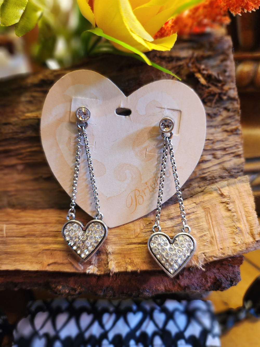 Vintage Brighton Two of Hearts Crystal Pavé Dangle Drop Post Earrings with Card